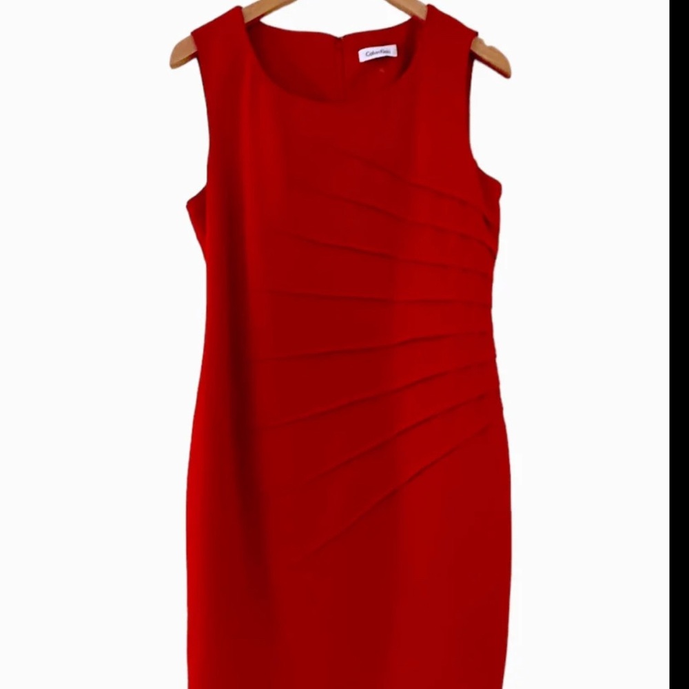 Calvin Klein Red Sleeveless Pleated Midi Sheath Dress